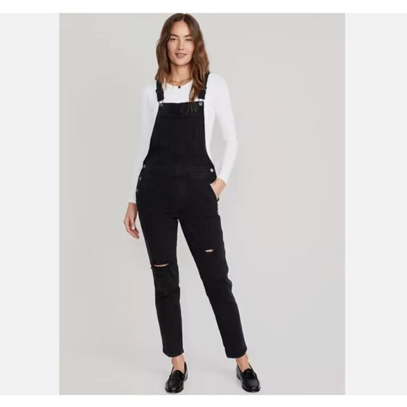 Old Navy OG Straight Leg Black Wash Distressed Jean Overalls Size 10 TALL NEW - Picture 1 of 11